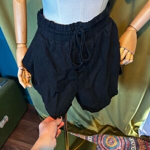 Linen Blend Black Women's Shorts elastic waist XXL natural fiber draw string